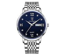 RORIOS Reloj Hombre Análogo Cuarzo Reloj Luminoso Calendario Reloj con Correa en Acero Inoxidable Moda Impermeable Reloj de Pulsera para Hombre Plata Azul