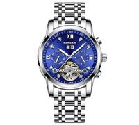 RORIOS Reloj Mecánico para Hombres Relojes de Pulsera Tourbillon Automático Reloj Esqueleto Acero Inoxidable Reloj Elegante Diamante Azul Plateado A
