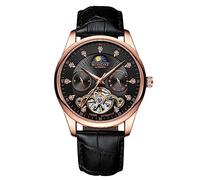 RORIOS Reloj Tourbillon Automático para Hombres Diamantes Esqueleto Pulsera Impermeable Mecánico Luminoso Fase Lunar Correa de Cuero