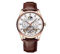 RORIOS Reloj Tourbillon Automático para Hombres Diamantes Esqueleto Pulsera Impermeable Mecánico Luminoso Fase Lunar Correa de Cuero