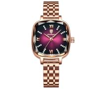 RORIOS Reloj Vintage de Mujer Relojes Sencillos Cuadrado Relojes de Pulsera Señora Elegante Reloj Analógico Cuarzo con Oro Rosa Correa de Acero Inoxidable Vino Tinto