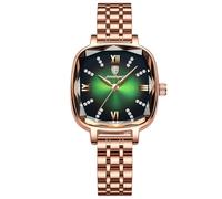 RORIOS Reloj Vintage de Mujer Relojes Sencillos Cuadrado Relojes de Pulsera Señora Elegante Reloj Analógico Cuarzo con Oro Rosa Correa de Acero Inoxidable Verde