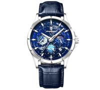 RORIOS Relojes Acero Inoxidable para Hombre Reloj Moda Analógico Cuarzo Reloj Elegante Luminoso Reloj de Pulsera Multifuncional Cronógrafo Plateado Azul B