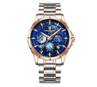 RORIOS Relojes Acero Inoxidable para Hombre Reloj Moda Analógico Cuarzo Reloj Elegante Luminoso Reloj de Pulsera Multifuncional Cronógrafo Oro Rosa Azul A