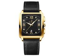 RORIOS Relojes Cuadrados para Hombre Reloj de Pulsera Cuarzo Impermeable Reloj Elegante Diamante Reloj Simple Vintage Reloj Fecha Luminoso Correa de Cuero Negro Oro C