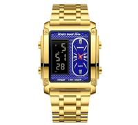 RORIOS Relojes de Pulsera Multifuncional Electrónica para Hombre Reloj Negocios Rectangular Cuarzo Reloj Pantalla Analógica Digital con Alarma Dorado Azul A