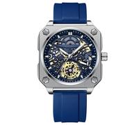 RORIOS Relojes de Pulsera para Hombres Automático Mecánico Reloj Minimalista Esqueleto Reloj Casual Impermeable con Correa de Silicona Blanco Azul B