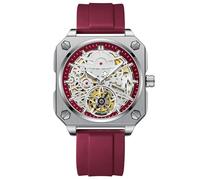 RORIOS Relojes de Pulsera para Hombres Automático Mecánico Reloj Minimalista Esqueleto Reloj Casual Impermeable con Correa de Silicona Blanco Rojo B