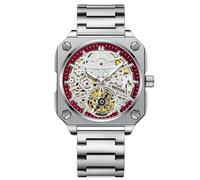 RORIOS Relojes de Pulsera para Hombres Automático Mecánico Reloj Minimalista Esqueleto Reloj Casual Impermeable con Correa de Acero Inoxidable Blanco Rojo A