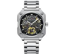 RORIOS Relojes de Pulsera para Hombres Automático Mecánico Reloj Minimalista Esqueleto Reloj Casual Impermeable con Correa de Acero Inoxidable Blanco Negro A