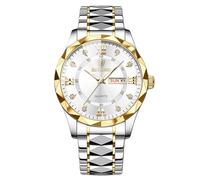 RORIOS Relojes Elegante Cuarzo para Hombre Reloj Clásico Cuarzo Reloj de Pulsera Diamante Impermeable Reloj Multifuncional Negocios Oro Blanco B