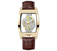 RORIOS Relojes Esqueleto Rectangular para Hombre Reloj de Pulsera Negocios Cuarzo Analógico Reloj Acero Inoxidable Luminoso con Correa de Cuero Dorado Marrón