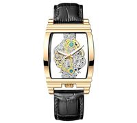 RORIOS Relojes Esqueleto Rectangular para Hombre Reloj de Pulsera Negocios Cuarzo Analógico Reloj Acero Inoxidable Luminoso con Correa de Cuero Oro Negro