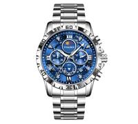 RORIOS Relojes Multifuncional para Hombre Reloj Elegante Diamante Reloj de Pulsera Moda Analógico Cuarzo Reloj Acero Inoxidable Cronógrafo Plateado Azul