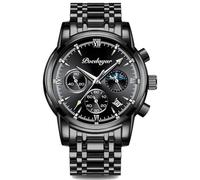 RORIOS Relojes Multifuncional para Hombre Reloj Vintage Analógico Cuarzo Reloj de Pulsera Cronógrafo Fases Lunares Reloj Casual Acero Inoxidable Negro A