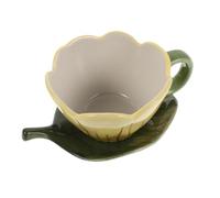 RORPOIR Juego de Taza de Café con Platillo de Cerámica Pintada a Mano con Forma de Tulipán y Platillo de Hoja, Capacidad 320ml, Resistente al Calor para Fiestas y Oficina