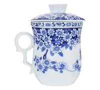 RORPOIR Taza de Té Diseño Delicado Filtro y Tapa de Cerámica Azul Clásica Taza Cómoda y Resistente al Calor para Oficina y Hogar