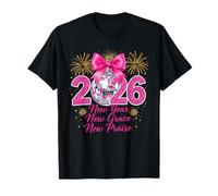 Rosa 2026 Año Nuevo Disco Ball Bow Celebración Nueva Gracia Camiseta
