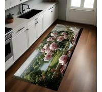 Rosa Alfombra de Cocina 50 x 80 cm Flores de peonía en un jarrón Junto a la Ventana Antideslizante y Lavable, Camino Multiusos Resistente al Desgaste, Ideal para Bajo Fregadero y Fogones