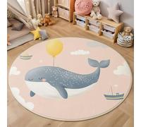 Rosa Claro Alfombra Salon Redonda 120cm, Alfombra Dormitorio con Estampado Cielo Ballena Globo, Lavable Estilo Caricaturesco Y Divertido Alfombras Comedor Antideslizante Tapete para Halls Balcón