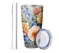Rosa con tapa y vaso de pajita, acuarela, lavanda, floral, casa de campo, granja, hojas rústicas, azul, amarillo, aislante, enfriador de latas, inastillable, para coche, piscina, viajes, oficina