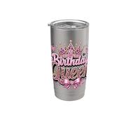Rosa Cumpleaños Reina Corona Leopardo Animal Print Niña Mujer Vaso térmico de acero inoxidable de doble pared