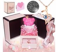 Rosa Eterna con Collar y Osito, Caja de Regalo con Flores Preservadas Naturales, Regalos para Mujeres en Navidad, Cumpleaños San Valentín y Día de la Madre, Mamá, Novia, Esposa