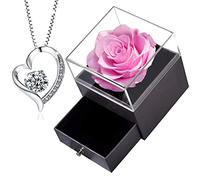 Rosa eterna con joyas de plata 925, collar para mujer, caja de rosas, colgante de corazón con rosa conservada, rosa estabilizada roja, regalo para Elle la Navidad, San Valentín, día de la madre,