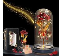 Rosa Eterna Preservada Cupula con Led y Tapa De Cristal Extraíble - Regalo San Valentin Rosa Roja Bella y Bestia para Mujer, Cumpleaños, Pareja, Enamorados, Mama, Abuela