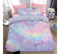 Rosa Funda Nórdica con Estampado Arcoiris Nubes Estrellas, Suave Microfibra Estilo Lindo Y Kawaii Juegos de Fundas nórdica con Cremallera Y Funda Almohada, 3 Piezas Ropa de Cama 220x240 cm