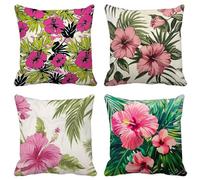 Rosa Fundas Cojines 65X65 Juego de 4 Cojines Exterior Lino Cuadrado Lavables Funda Cojin Flor Patrón con Cremallera Invisible para Decoracion Hogar Salon Sofá Exterior Jardín Cushion Cover F21-S