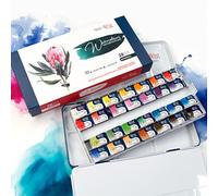 ROSA Gallery Juego de pintura de acuarela botánica, kit vibrante de artistas profesionales, lavable, alta resistencia a la luz, fabricado en Ucrania, empaquetado en caja de metal, 28 unidades