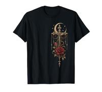 Rosa gótica roja Vintage Luna Cuervo Esqueleto Luna Rosa mística Camiseta