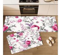 Rosa Intenso Juego de 2 Tapetes de Cocina, Vides De Rosas Románticas Alfombrillas Floral Retro, Tapetes Antideslizantes Lavables de Goma, Accesorios Decorativos de Cocina - 40x60+40x120cm