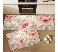 Rosa Juego de 2 Tapetes de Cocina, Grandes Flores De Peonía Alfombrillas Flores Elegantes, Tapetes Antideslizantes Lavables de Goma, Accesorios Decorativos de Cocina - 50x80+50x150cm