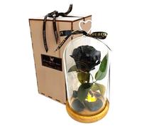 Rosa Negra Eterna Preservada Natural en Cúpula de Cristal con LED. Pomo en Forma de corazón. En su Caja Original de Madera. Rosa Color Negro Bella y Bestia Regalo Original Romántico