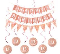 Rosa Oro Happy 13th Birthday Banderas + Triángulo Banderas Happy 13th Birthday Guirnaldas + 13 años Cumpleaños Decoración Colgante Juego de Espirales, Rosa Oro 13 años Cumpleaños Niña Decoración