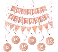 Rosa Oro Happy 15th Birthday Banderas + Triángulo Banderas Happy 15th Birthday Guirnaldas + 15 años Cumpleaños Decoración Colgante Juego de Espirales, Rosa Oro 15 años Cumpleaños Niña Decoración