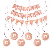 Rosa Oro Happy 17th Birthday Banderas + Triángulo Banderas Happy 17th Birthday Guirnaldas + 17 años Cumpleaños Decoración Colgante Juego de Espirales, Rosa Oro 17 años Cumpleaños Niña Decoración