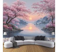 Rosa Papel Pintado Seda Fotográfico 350x256cm, Mural De Pared Panorámico Río Sunset Con Flores De Durazno, Arte Paisajístico Oriental Póster Grande Para Salón Decor Del Hogar Y Pared