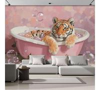 Rosa Papel Pintado Seda Fotográfico 400x280cm, Mural De Pared Panorámico Bañera De Tigre, Lindos Animales De Acuarela Póster Grande Para Salón Decor Del Hogar Y Pared