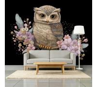 Rosa Polvado Marrón Terroso Papel Pintado Panorámico 250 x 175 cm, Dibujos Animales Búho Floral Pluma Fresco Mural Papel Pintado - Negro Pared Tablas para Sala de estar Dormitorio Sala de Juego