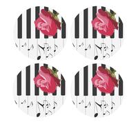 Rosa roja en Notas Musicales de Piano,Posavasos Redondos de Corcho MDF, Almohadilla para Tazas, Juego de 4 Posavasos para Bebidas