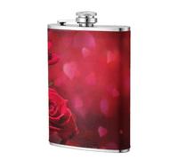 Rosa roja impresa,Frasco de acero inoxidable 304 de 8 oz con funda de cuero sintético, frasco de bolsillo para licor plano para exteriores