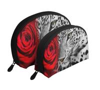 Rosa roja Leopardo, Bolsa de Maquillaje de Concha, Monedero pequeño para Mujer, Bolsa de artículos de tocador, Bolsa de cosméticos, 2 Piezas