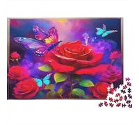 Rosa Roja Viva Mariposa Puzzle de 1000 Piezas Papel para Adultos Arte Colorido Relajación Concentración Puzzle para Toda la Familia Regalo Decorativo 52x38cm/1000pcs
