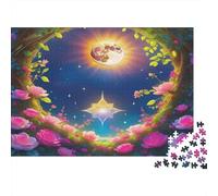 Rosa Rompecabezas de Papel Grueso Corazón Dorado con Rosas Rosas en Cielo Estrellado, Regalo Apto para Principiantes para niños 52x38cm/1000 Piezas