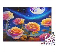 Rosa Rompecabezas de Papel Grueso Rosas Amarillas en Cielo cósmico con Luna, Pack para Personas Mayores, Regalo de Amigo Invisible de Entrenamiento Cerebral 38x26cm/1000 Piezas