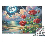 Rosa Rompecabezas de Papel Reciclado de Rosas Rojas con Luna y Atardecer sobre el mar, Regalo Coleccionable para Adultos 70x50cm/1000 Piezas