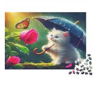 Rosa Rompecabezas de Papel Reciclado Gatito Blanco con Paraguas y Rosa Rosada, Actividad Familiar interactiva 38x26cm/1000 Piezas